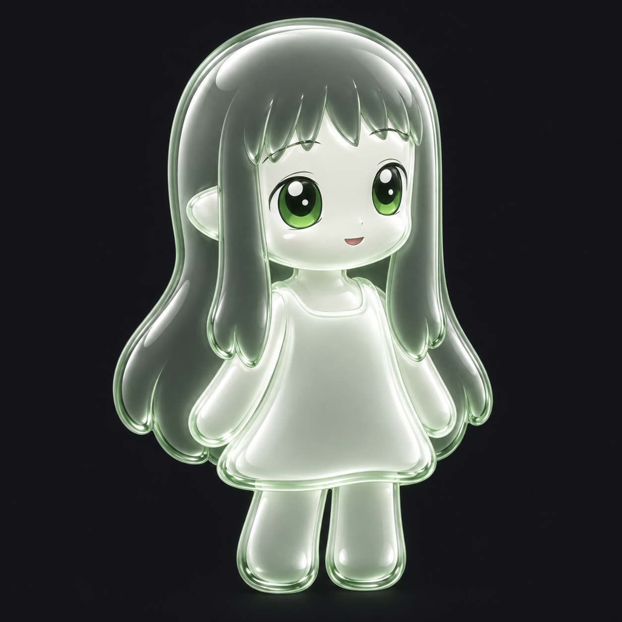 Horo, a translucent green glass character with big green eyes